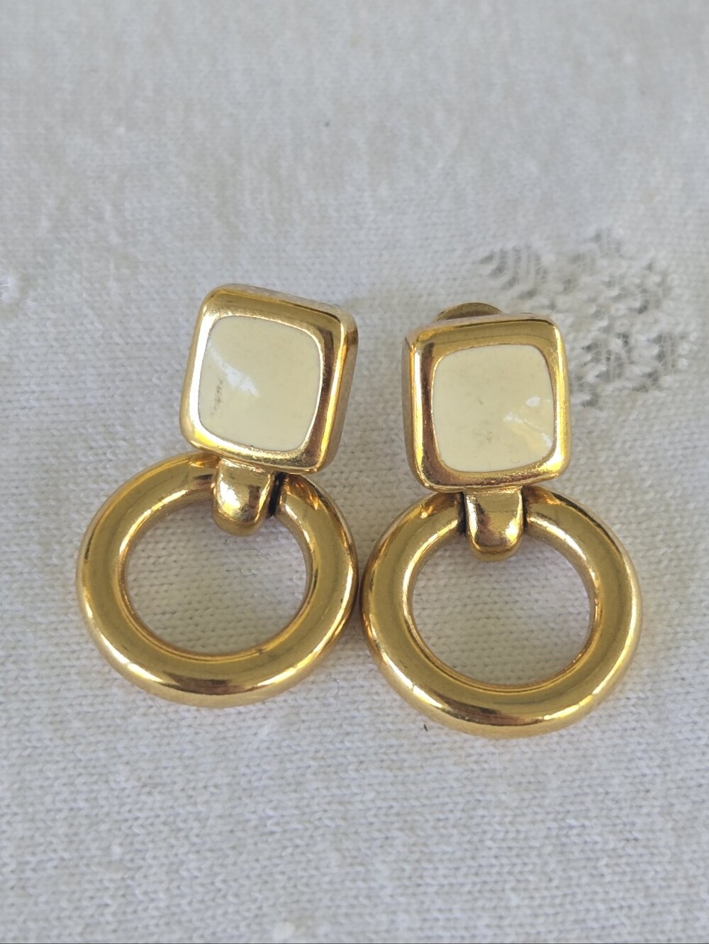 Monet Gold-Tone Hoop Drop Earrings with Cream Accents Vintage